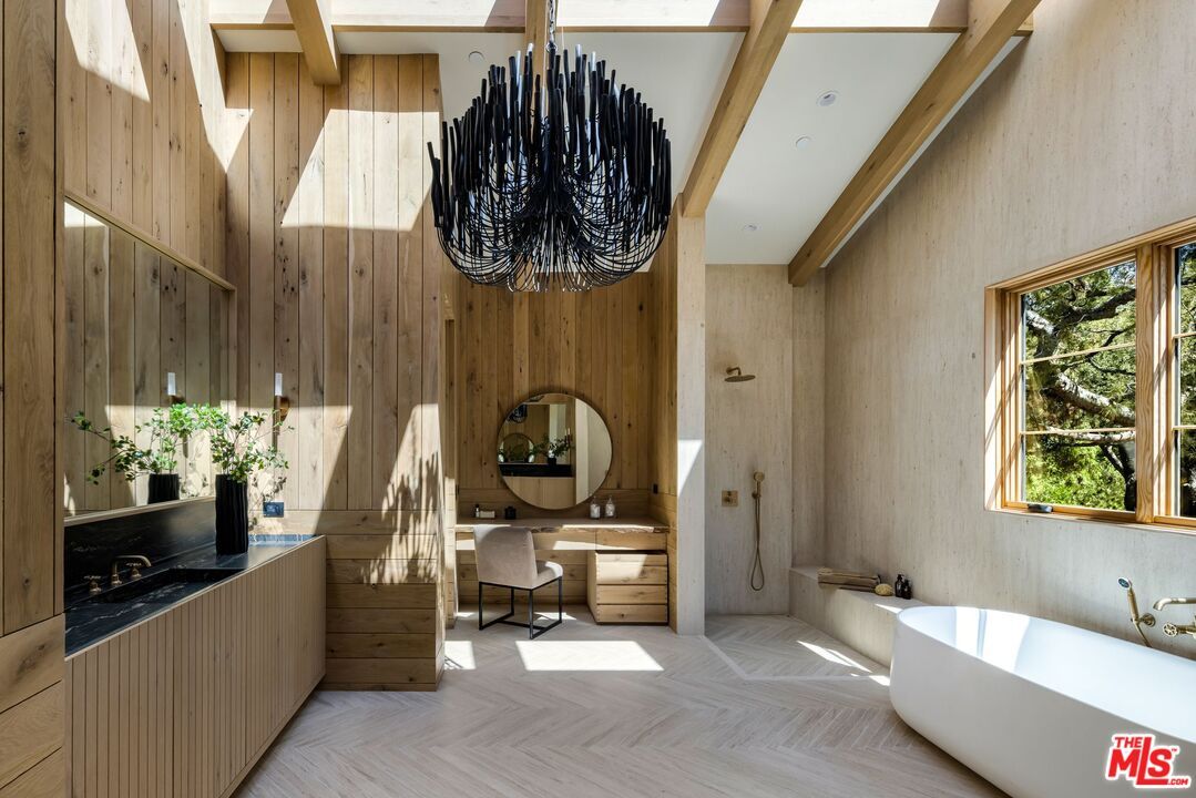 Bathroom, Chandelier, Free Standing Baths, Interior, Recessed Lighting, Wooden Beams, Wooden Walls