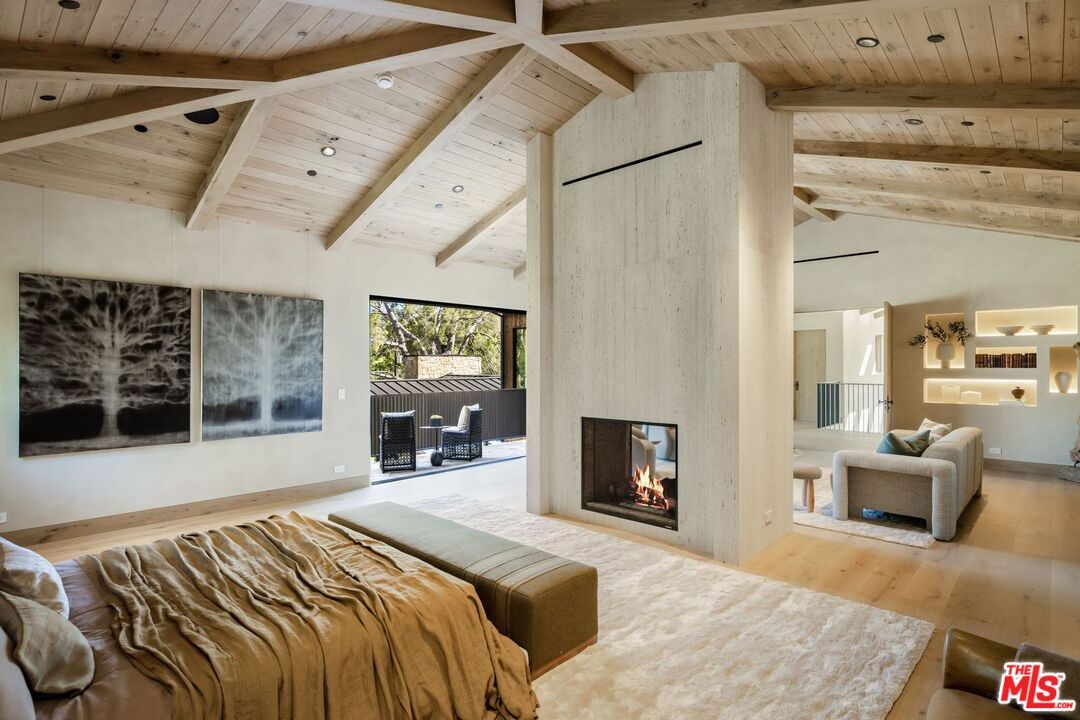 Bedroom, Fireplace, Interior, Living room, Recessed Lighting, Wooden Beams, Wooden Ceilings, Wood Texture Flooring