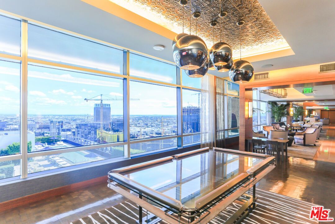 Billiard Table, Dining room, Interior, Pendant Lights, Wood Texture Flooring, Skyline