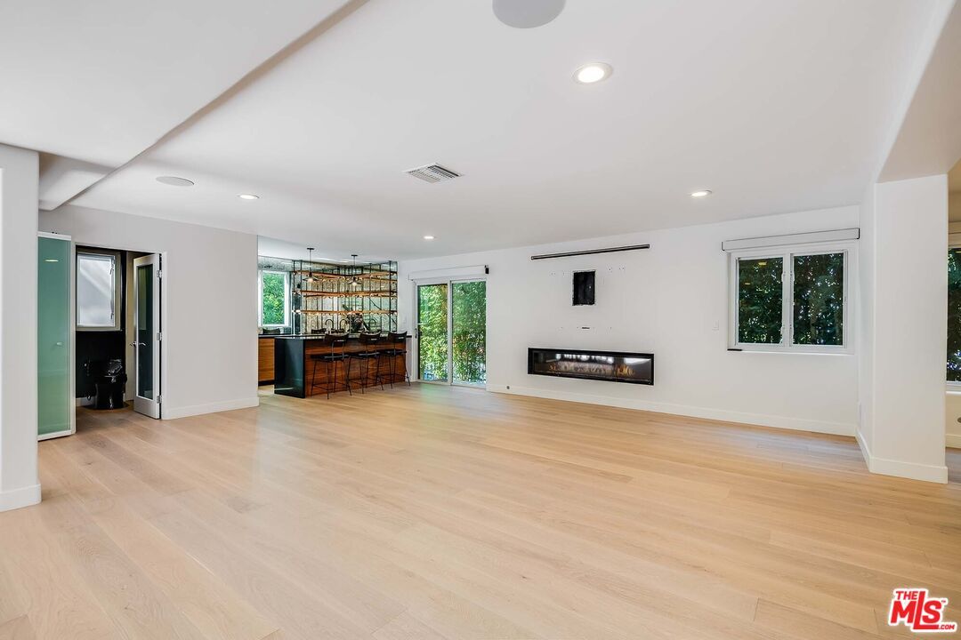 Empty room, Fireplace, Interior, Recessed Lighting, Wood Texture Flooring