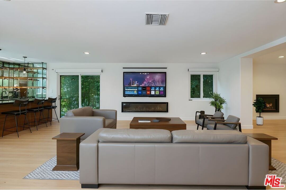 Fireplace, Interior, Living room, Recessed Lighting, Wood Texture Flooring