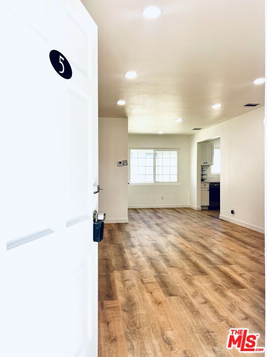 Empty room, Interior, Kitchen, Recessed Lighting, Wood Texture Flooring