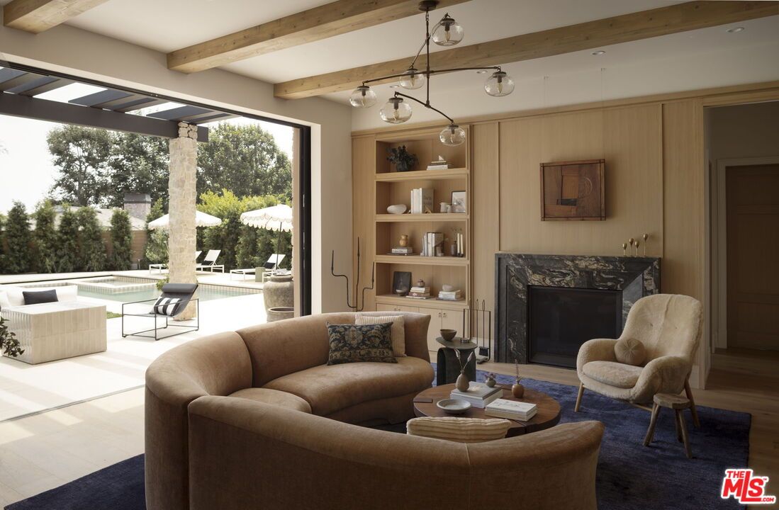 Fireplace, Interior, Living room, Pendant Lights, Wooden Beams, Wood Texture Flooring