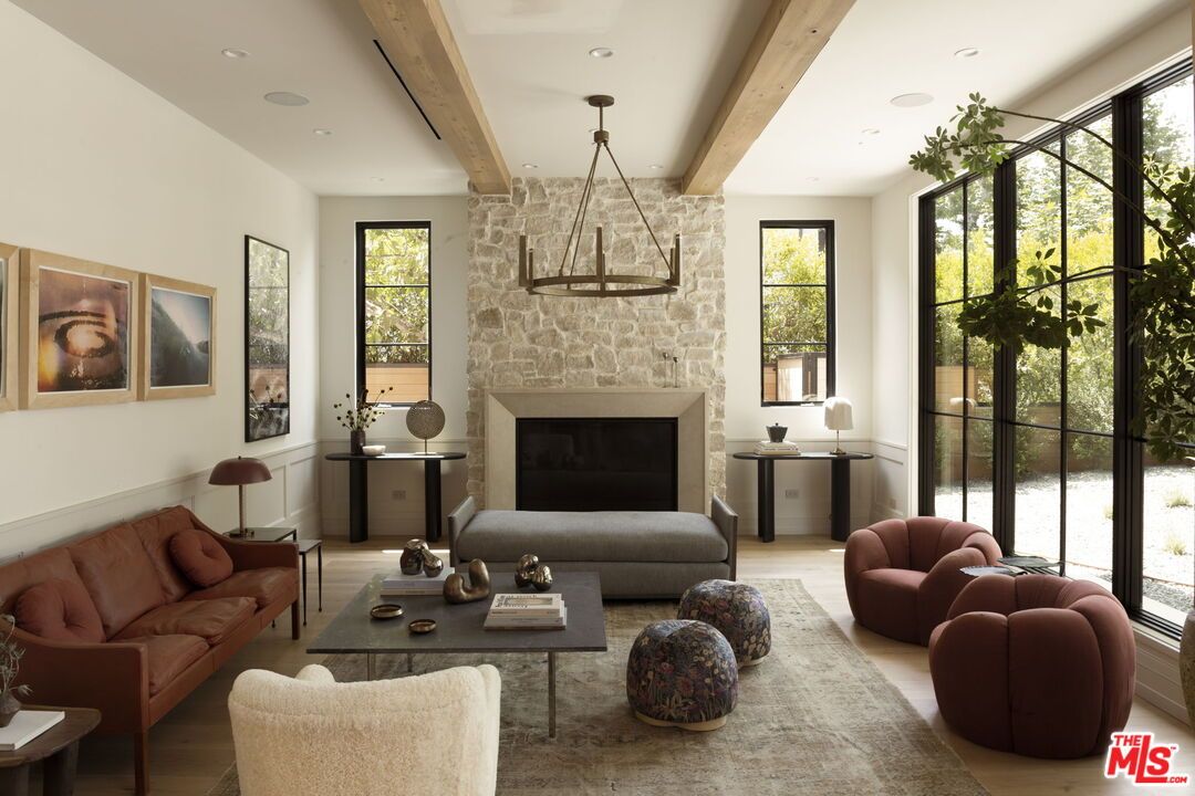 Fireplace, Interior, Living room, Pendant Lights, Recessed Lighting, Stone Walls, Wooden Beams, Wood Texture Flooring