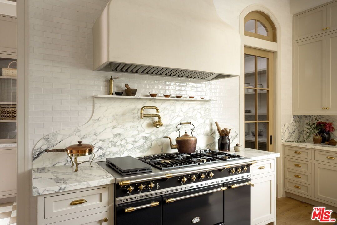 Interior, Kitchen, Marble Walls, Stainless Steel Appliances, Wood Texture Flooring