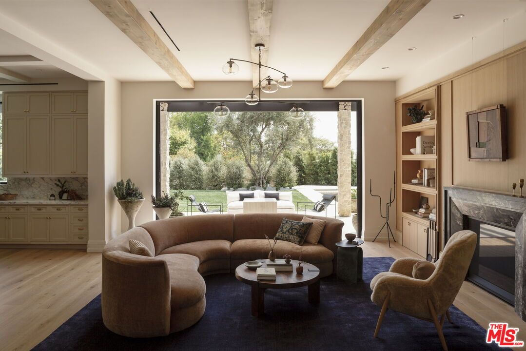 Fireplace, Interior, Living room, Recessed Lighting, Wooden Beams, Wood Texture Flooring