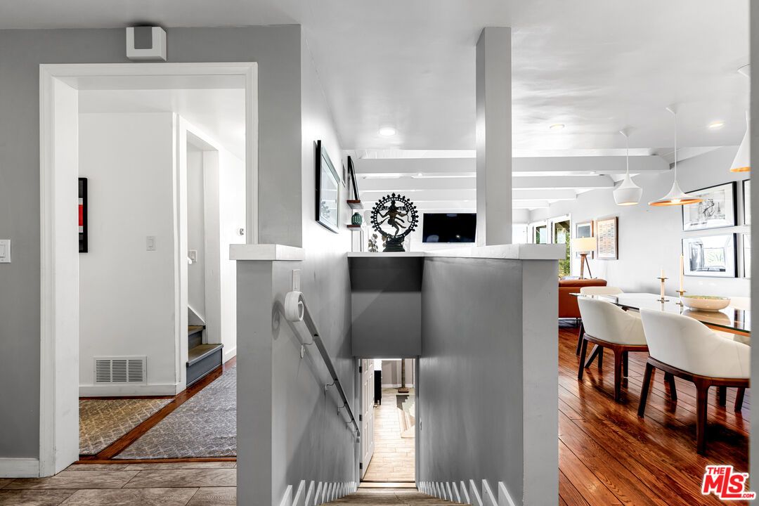 Dining room, Interior, Pendant Lights, Recessed Lighting, Wood Texture Flooring