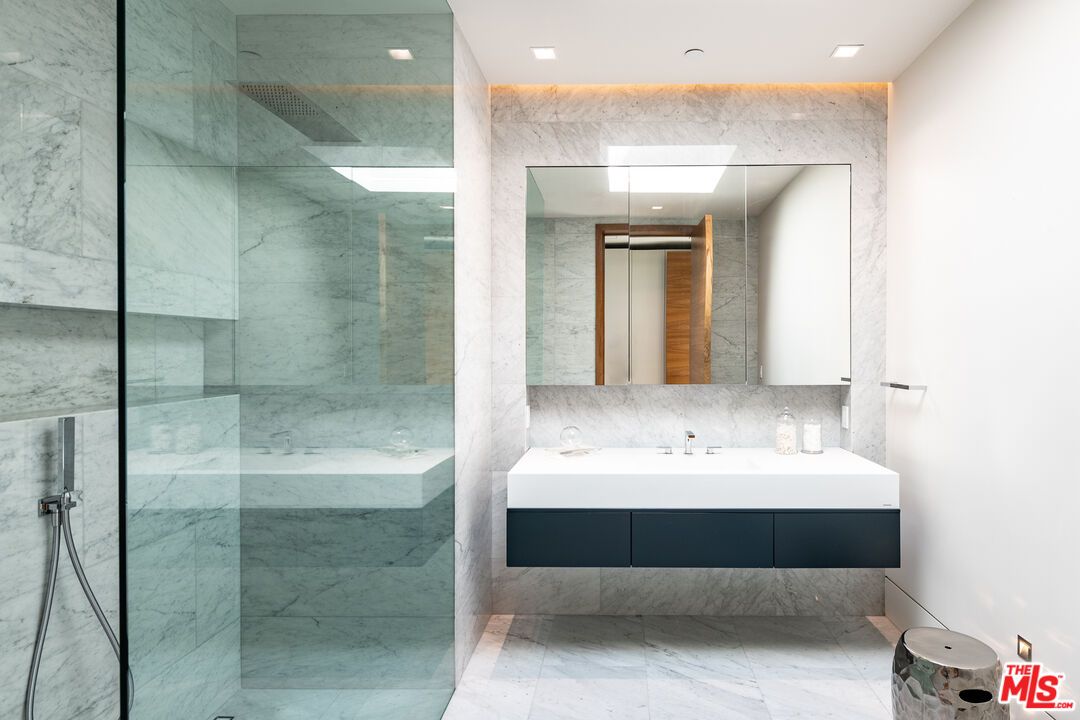 Bathroom, Glass Shower, Interior, Marble, Marble Walls, Recessed Lighting