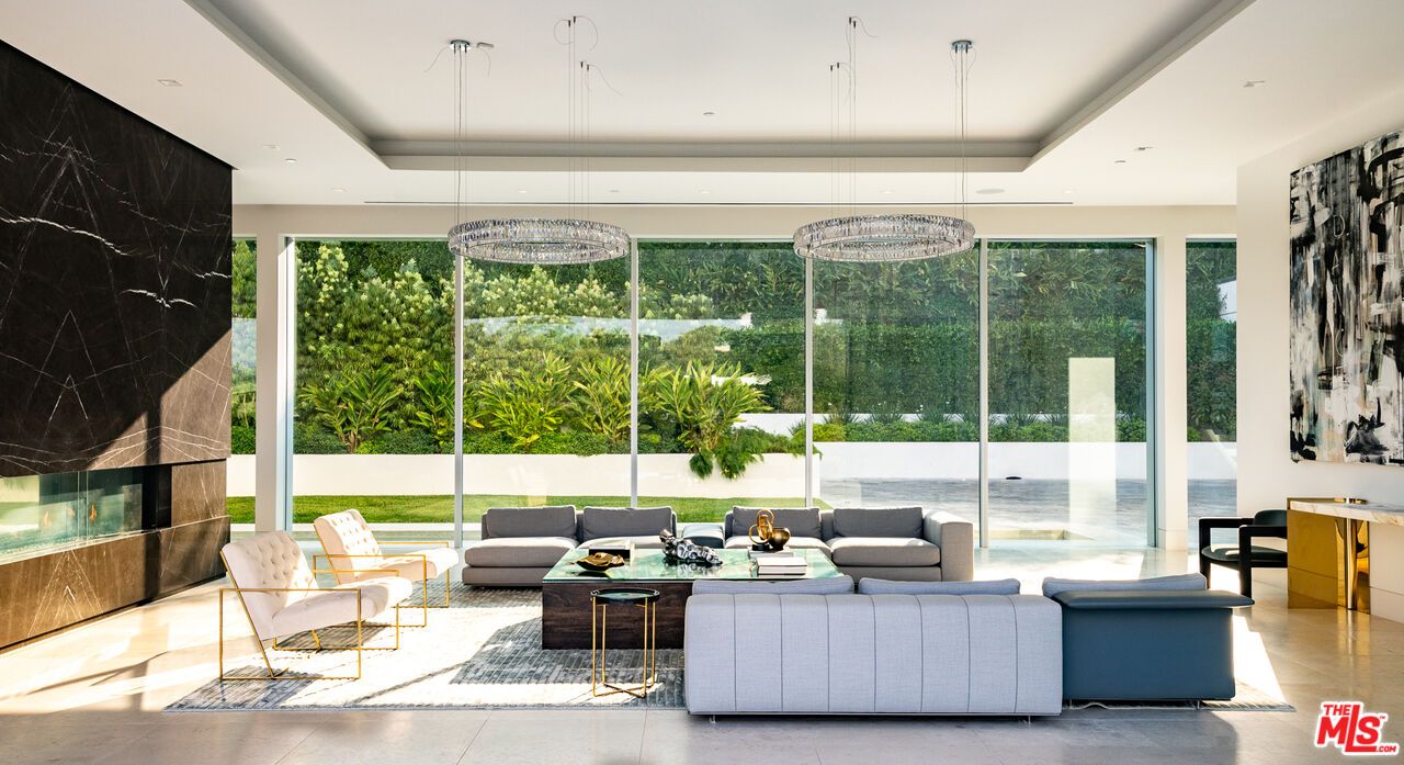 Fireplace, Interior, Living room, Marble Walls, Pendant Lights, Recessed Lighting