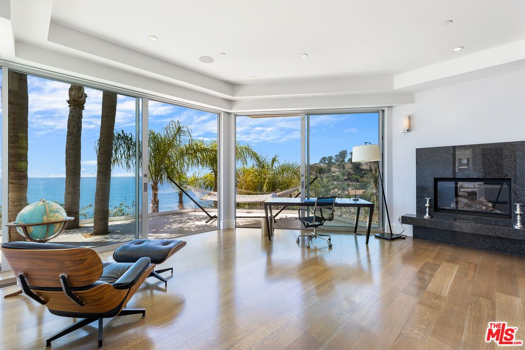 Fireplace, Home Office, Interior, Recessed Lighting, Water, Wood Texture Flooring