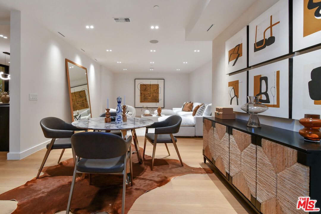Dining room, Interior, Living room, Recessed Lighting, Wood Texture Flooring