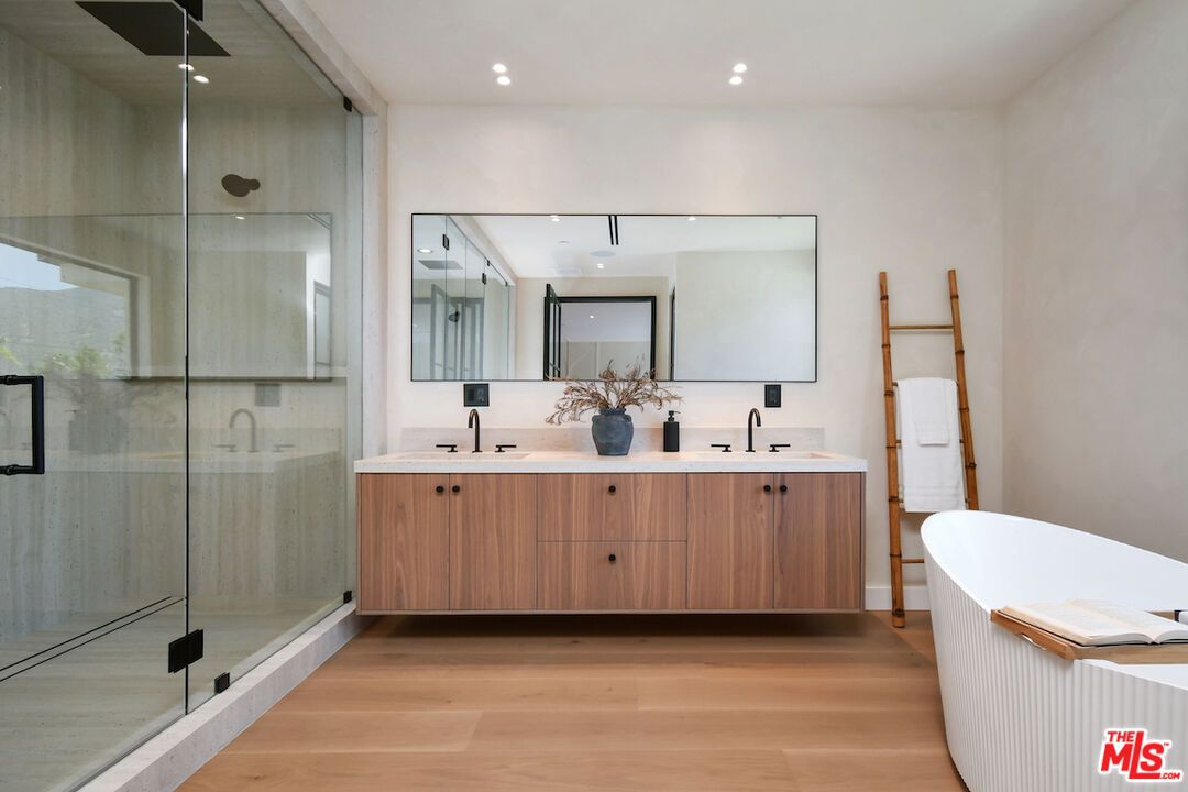 Bathroom, Dual Sink Vanities, Free Standing Baths, Glass Shower, Interior, Recessed Lighting, Wood Texture Flooring
