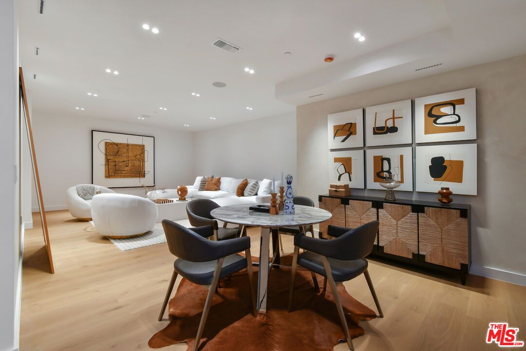 Dining room, Interior, Living room, Recessed Lighting, Wood Texture Flooring