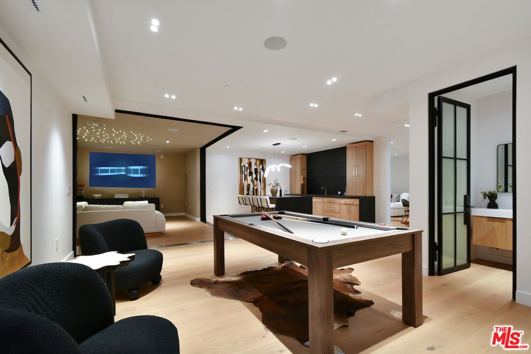 Billiard Table, Game Room, Interior, Pendant Lights, Recessed Lighting, Wood Texture Flooring
