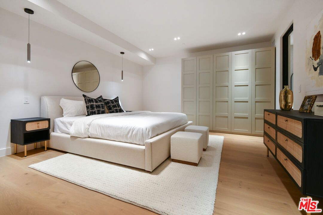 Bedroom, Interior, Pendant Lights, Recessed Lighting, Wood Texture Flooring