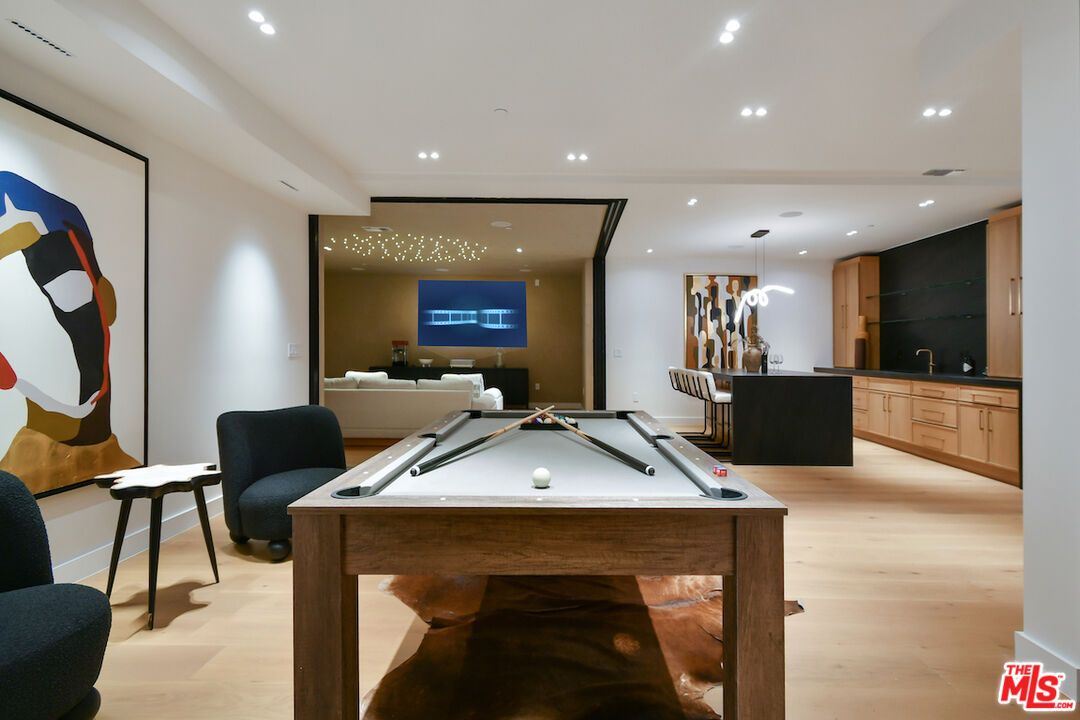 Billiard Table, Game Room, Interior, Pendant Lights, Recessed Lighting, Wood Texture Flooring