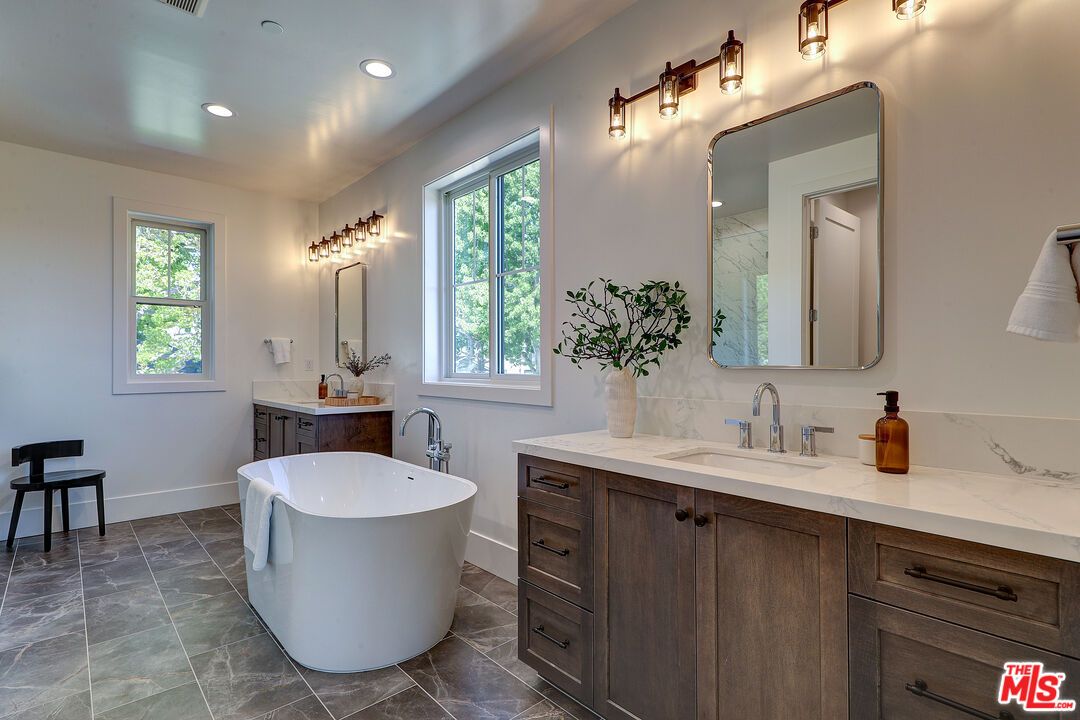 Bathroom, Dual Sink Vanities, Free Standing Baths, Interior, Recessed Lighting