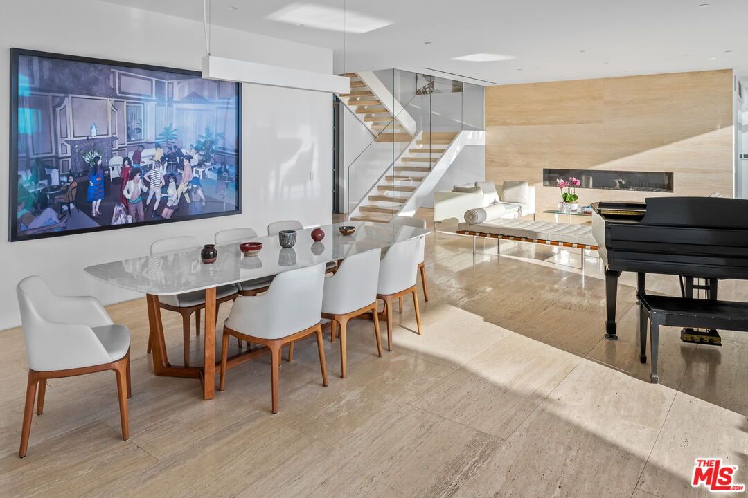 Dining room, Interior, Pendant Lights, Piano, Recessed Lighting, Wood Texture Flooring, Wooden Walls