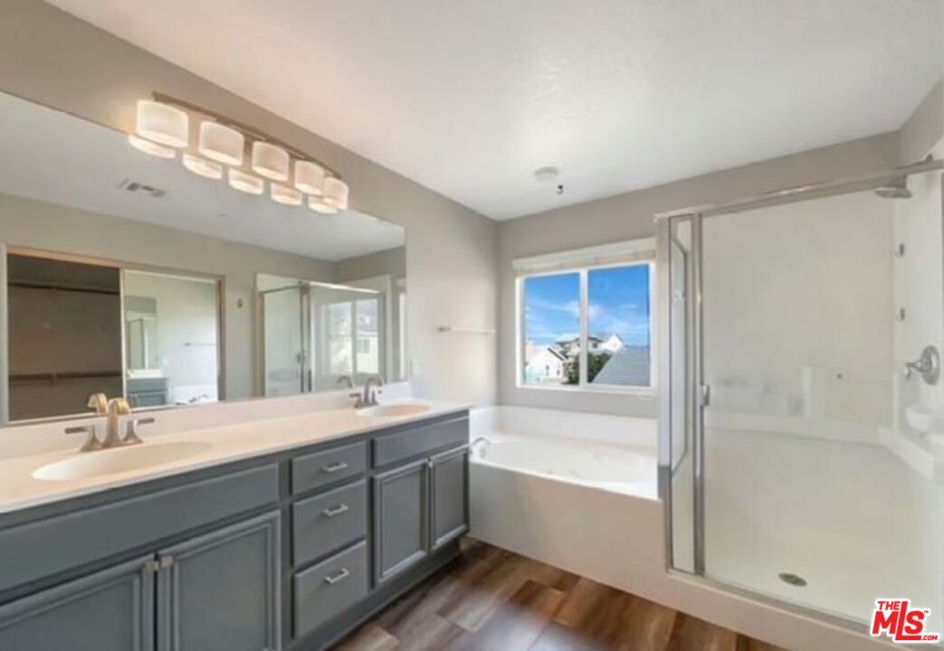 Bathroom, Dual Sink Vanities, Glass Shower, Interior, Wood Texture Flooring