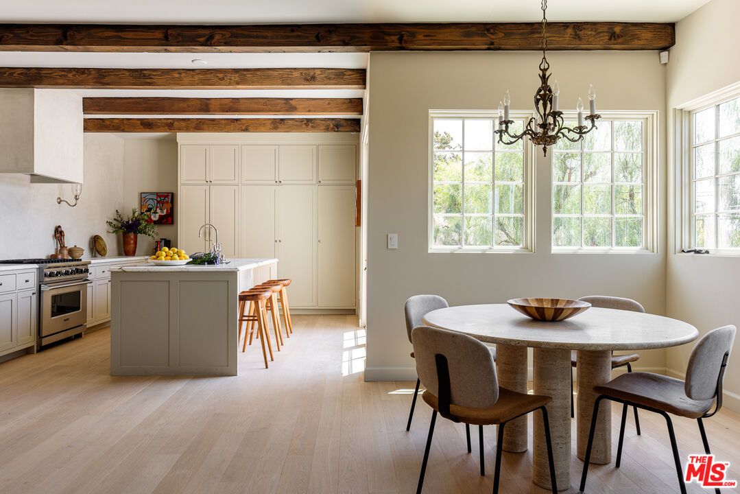 Chandelier, Dining room, Interior, Kitchen, Wooden Beams, Wood Texture Flooring