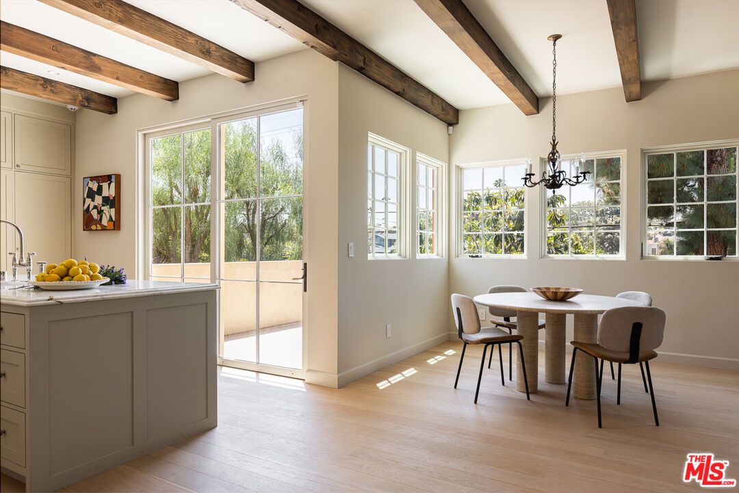 Chandelier, Dining room, Interior, Pendant Lights, Wooden Beams, Wood Texture Flooring