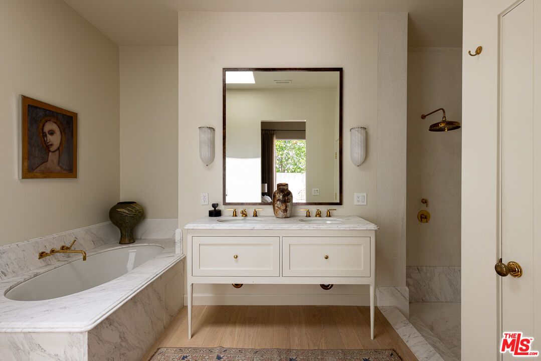 Bathroom, Dual Sink Vanities, Interior, Marble, Wood Texture Flooring