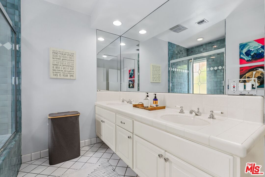 Bathroom, Dual Sink Vanities, Interior, Recessed Lighting, Tile Countertops