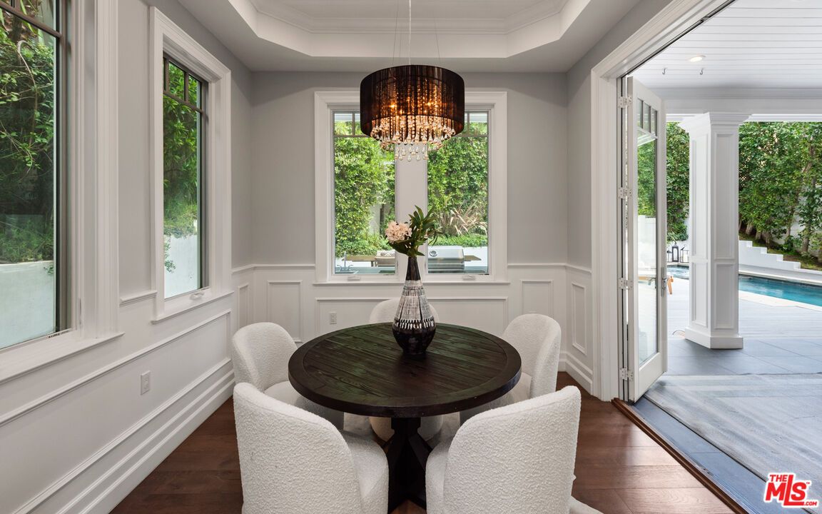 Chandelier, Dining room, Interior, Wood Texture Flooring