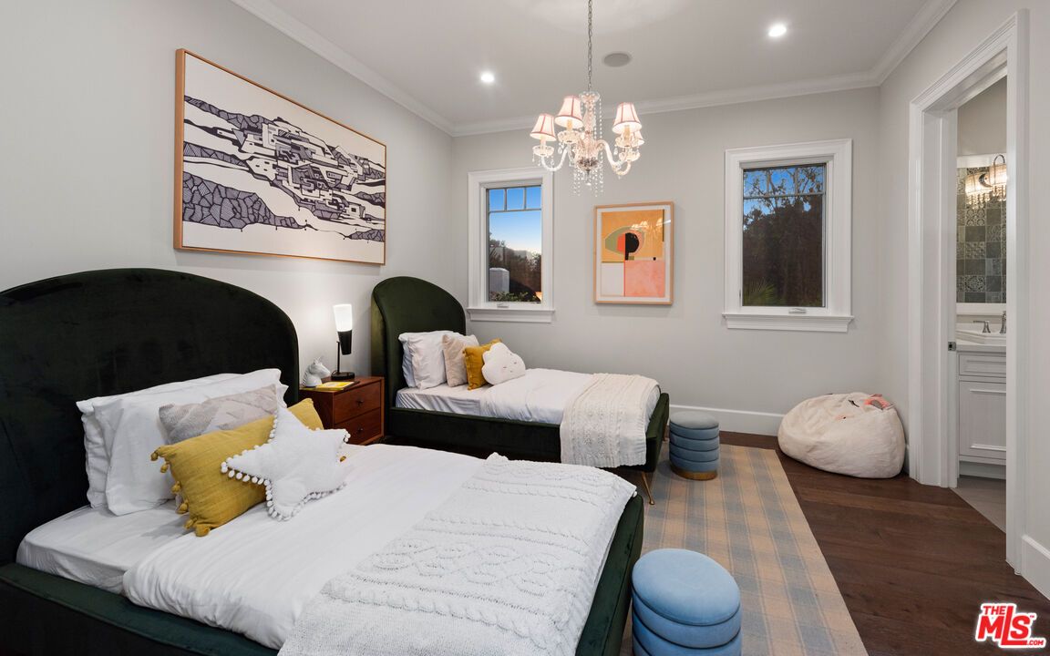 Bedroom, Chandelier, Interior, Recessed Lighting, Wood Texture Flooring