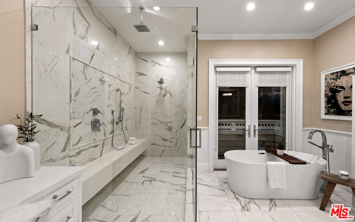 Bathroom, Free Standing Baths, Glass Shower, Interior, Marble, Marble Walls, Recessed Lighting