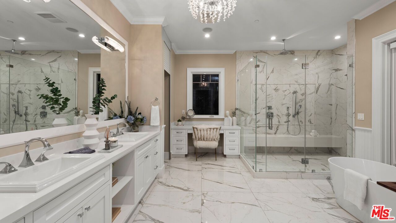 Bathroom, Dual Sink Vanities, Free Standing Baths, Glass Shower, Interior, Marble, Marble Walls, Recessed Lighting