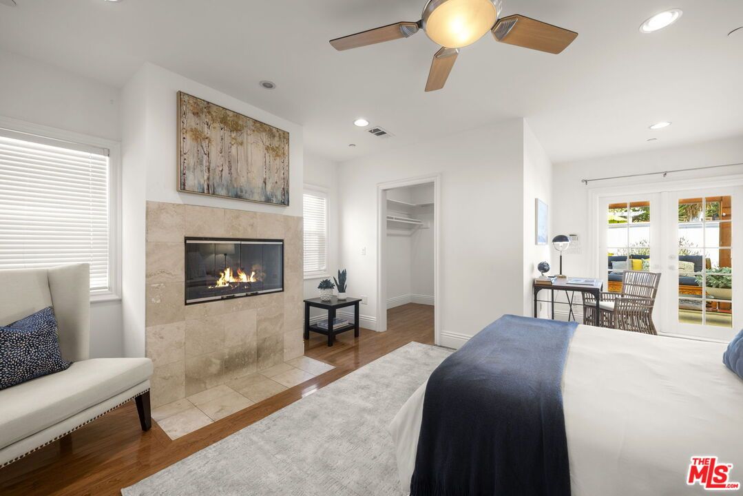 Bedroom, Fireplace, Interior, Recessed Lighting, Wood Texture Flooring