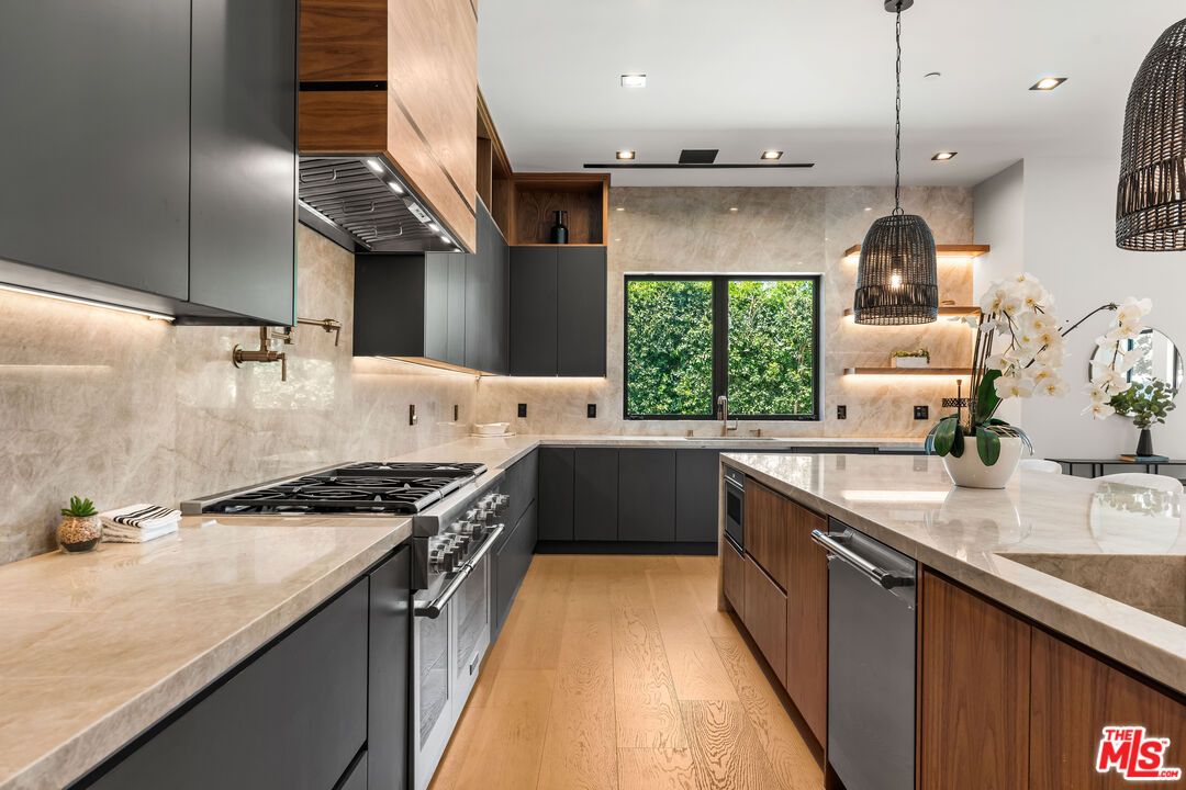 Interior, Kitchen, Pendant Lights, Recessed Lighting, Stainless Steel Appliances, Wood Texture Flooring