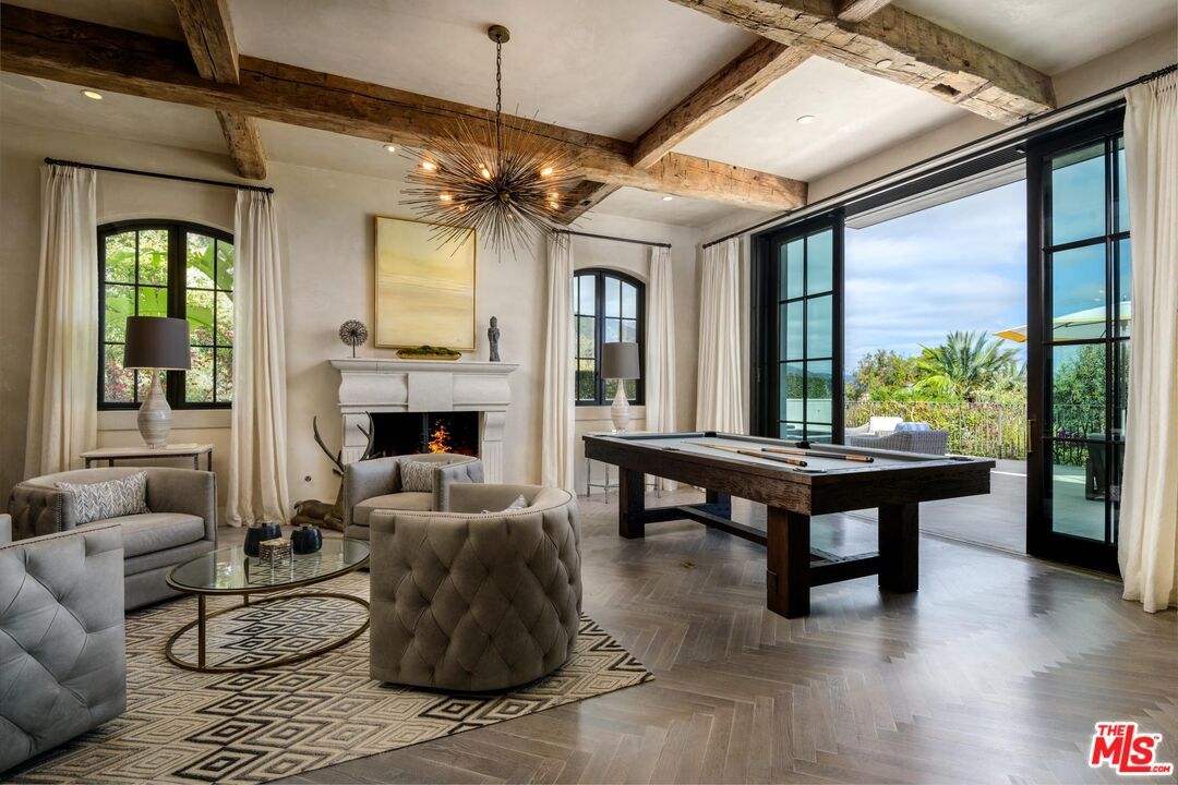Billiard Table, Fireplace, Game Room, Interior, Living room, Pendant Lights, Recessed Lighting, Wooden Beams, Wood Texture Flooring