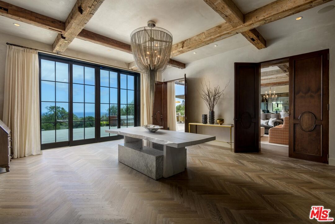Chandelier, Interior, Recessed Lighting, Wooden Beams, Wood Texture Flooring