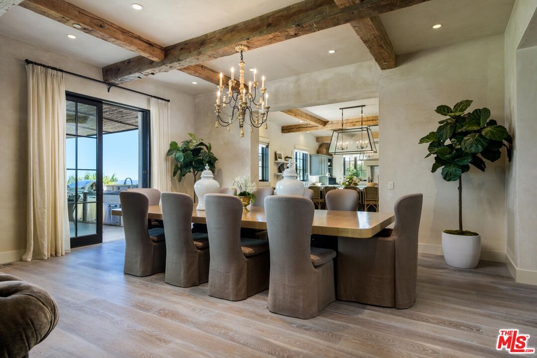 Chandelier, Dining room, Interior, Recessed Lighting, Wooden Beams, Wood Texture Flooring