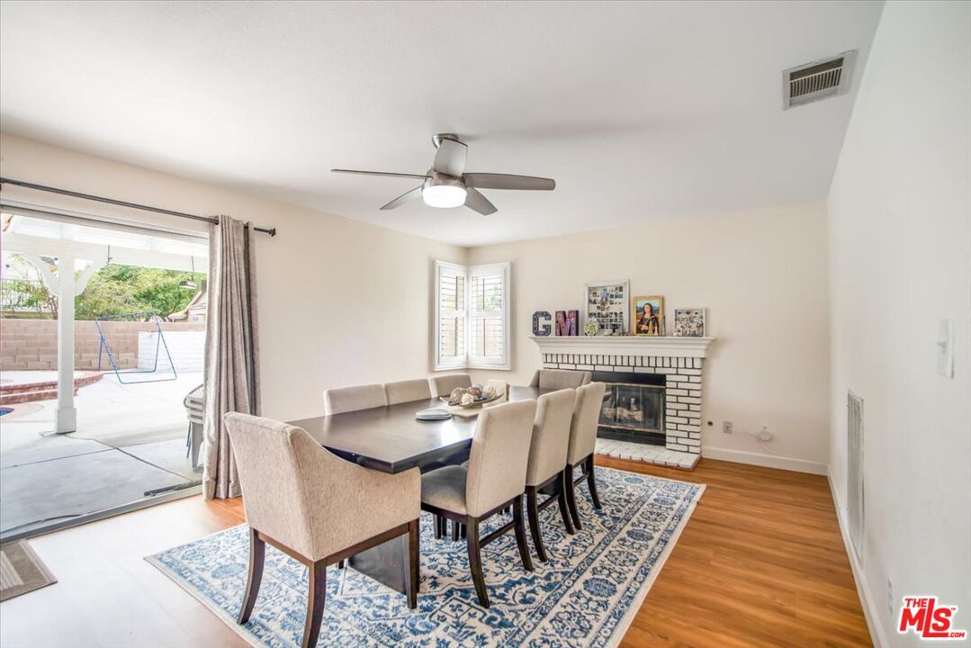 Dining room, Fireplace, Interior, Wood Texture Flooring