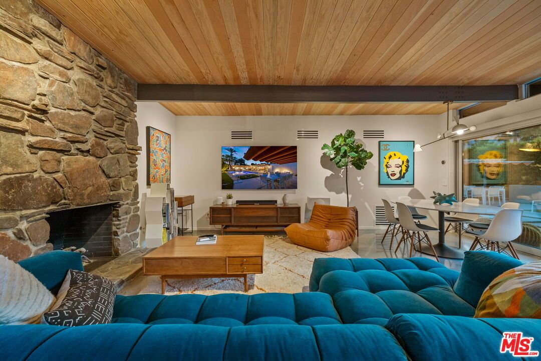 Dining room, Fireplace, Interior, Living room, Pendant Lights, Stone Walls, Wooden Beams, Wooden Ceilings