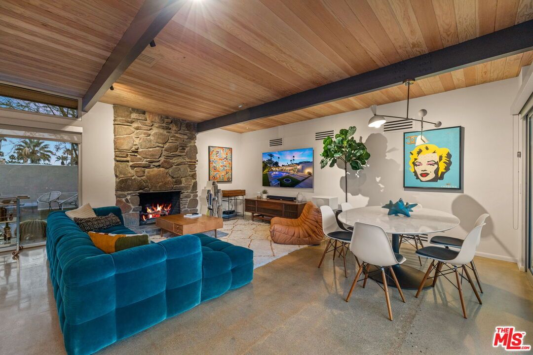 Dining room, Fireplace, Interior, Living room, Pendant Lights, Stone Walls, Wooden Beams, Wooden Ceilings