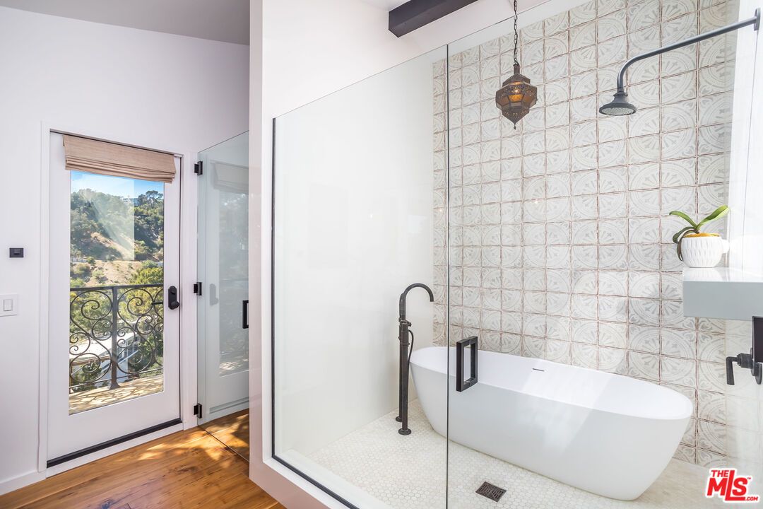 Bathroom, Free Standing Baths, Glass Shower, Interior, Wood Texture Flooring