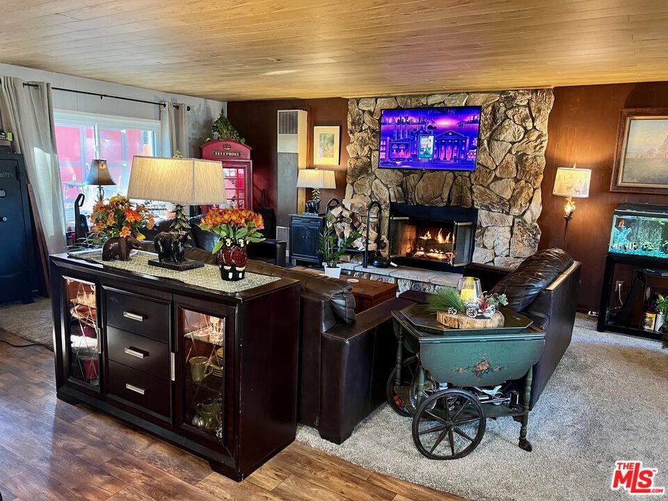 Fireplace, Interior, Living room, Stone Walls, Wooden Ceilings, Wood Texture Flooring