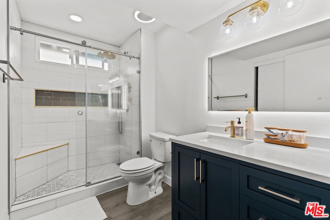 Bathroom, Glass Shower, Interior, Recessed Lighting, Wood Texture Flooring