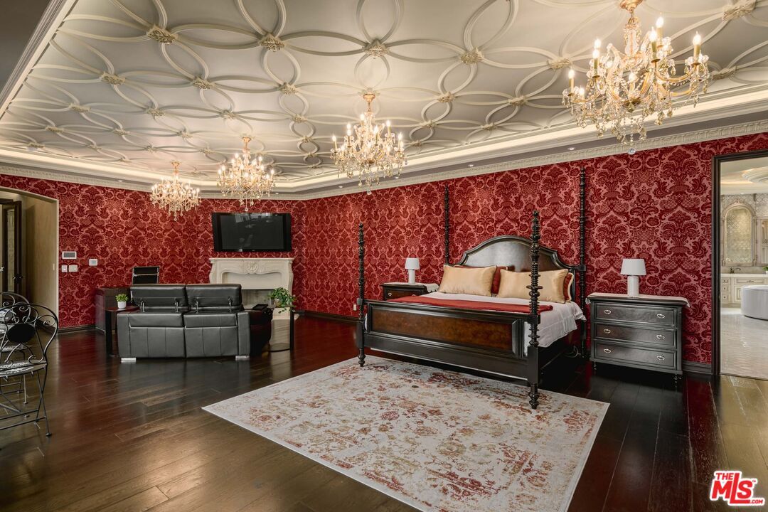 Bedroom, Chandelier, Interior, Wood Texture Flooring