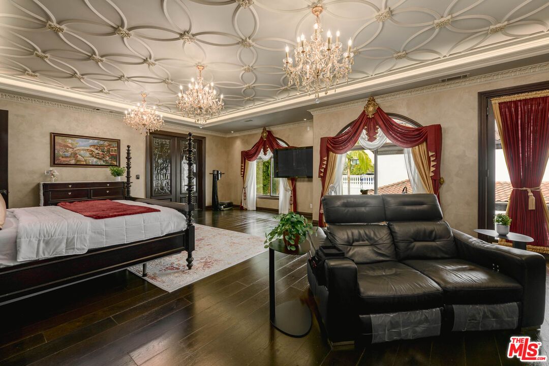 Bedroom, Chandelier, Interior, Wood Texture Flooring