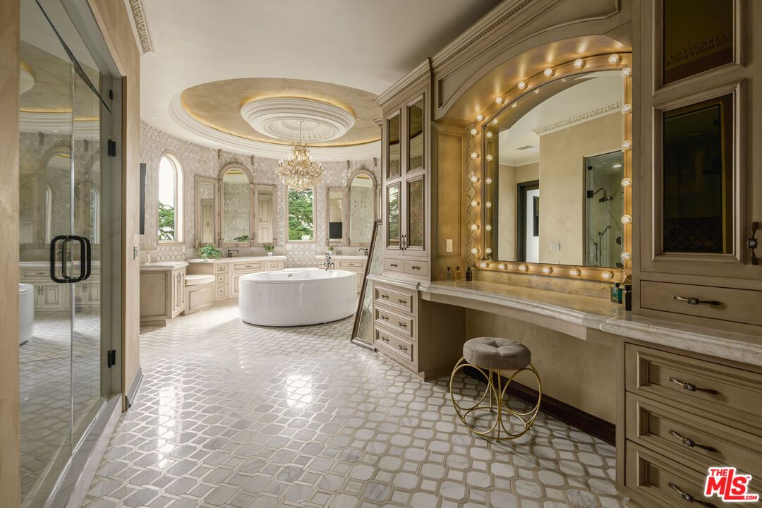 Bathroom, Chandelier, Dual Sink Vanities, Free Standing Baths, Glass Shower, Interior, Recessed Lighting