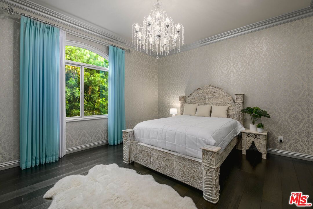 Bedroom, Chandelier, Interior, Wood Texture Flooring