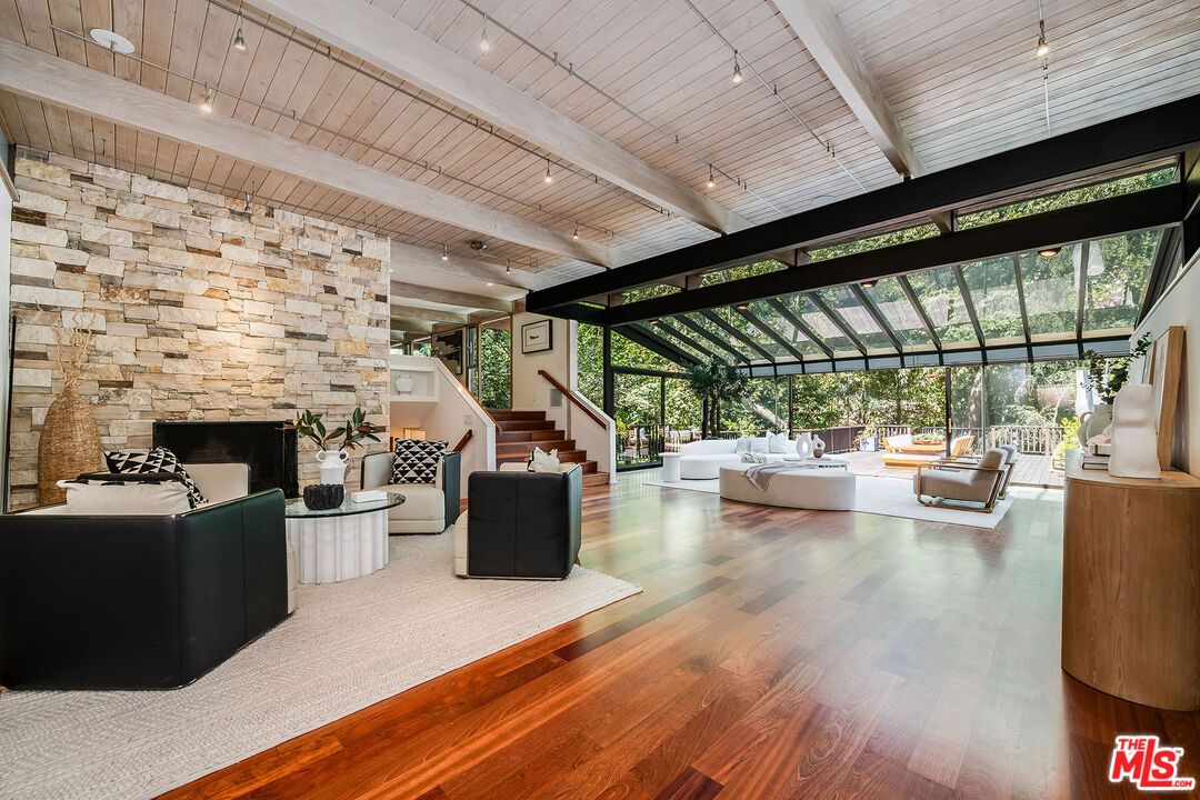 Fireplace, Interior, Living room, Recessed Lighting, Stone Walls, Wooden Beams, Wood Texture Flooring