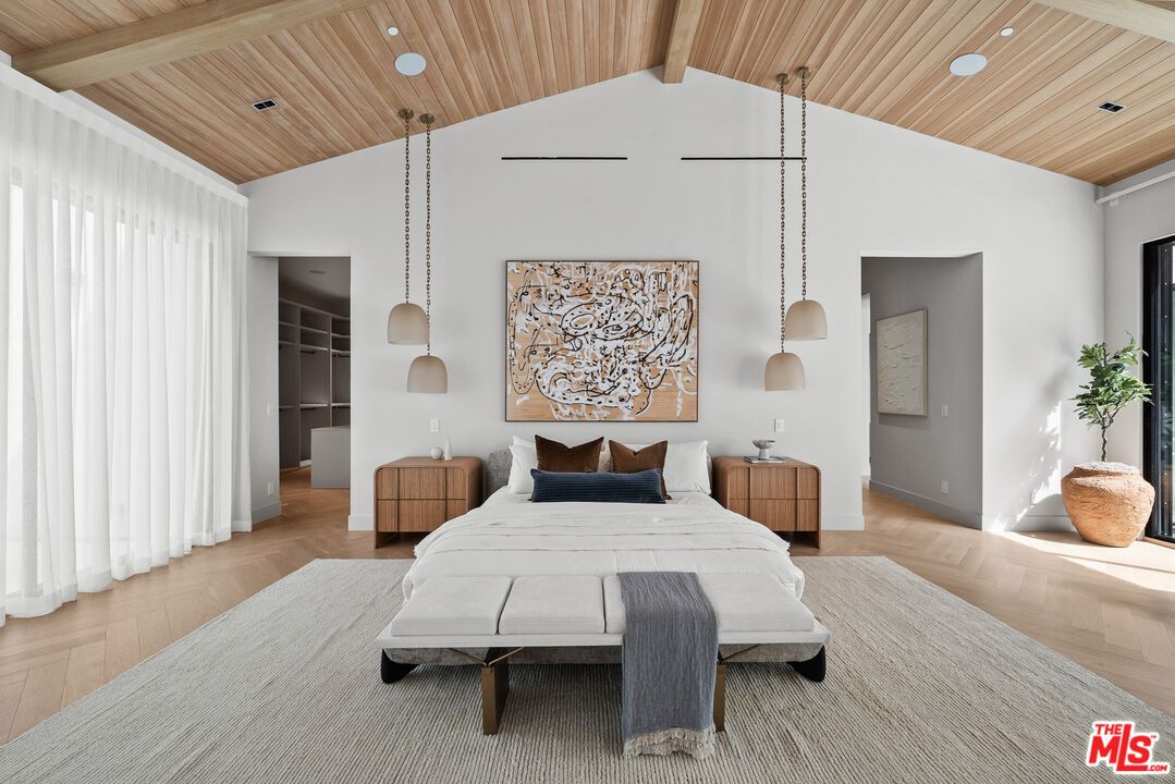 Bedroom, Interior, Pendant Lights, Recessed Lighting, Wooden Beams, Wooden Ceilings, Wood Texture Flooring