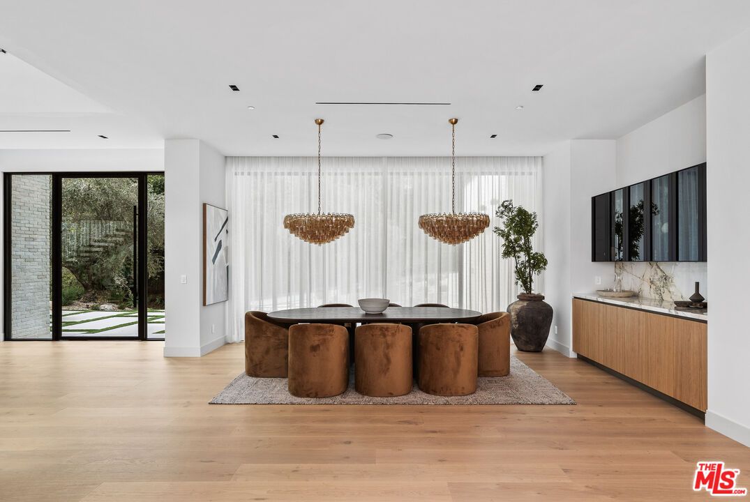 Dining room, Interior, Pendant Lights, Recessed Lighting, Wood Texture Flooring