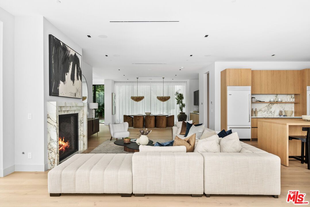 Fireplace, Interior, Kitchen, Living room, Pendant Lights, Recessed Lighting, Wood Texture Flooring